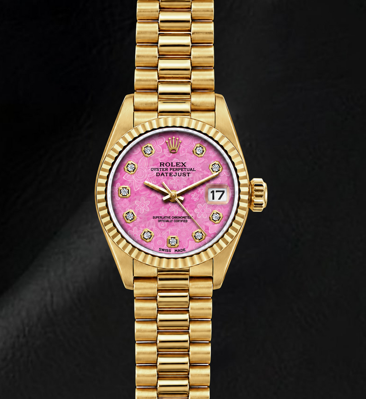 Montre Rolex Datejust 69178 26 mm Or Jaune Cadran Diamants Floral Rose