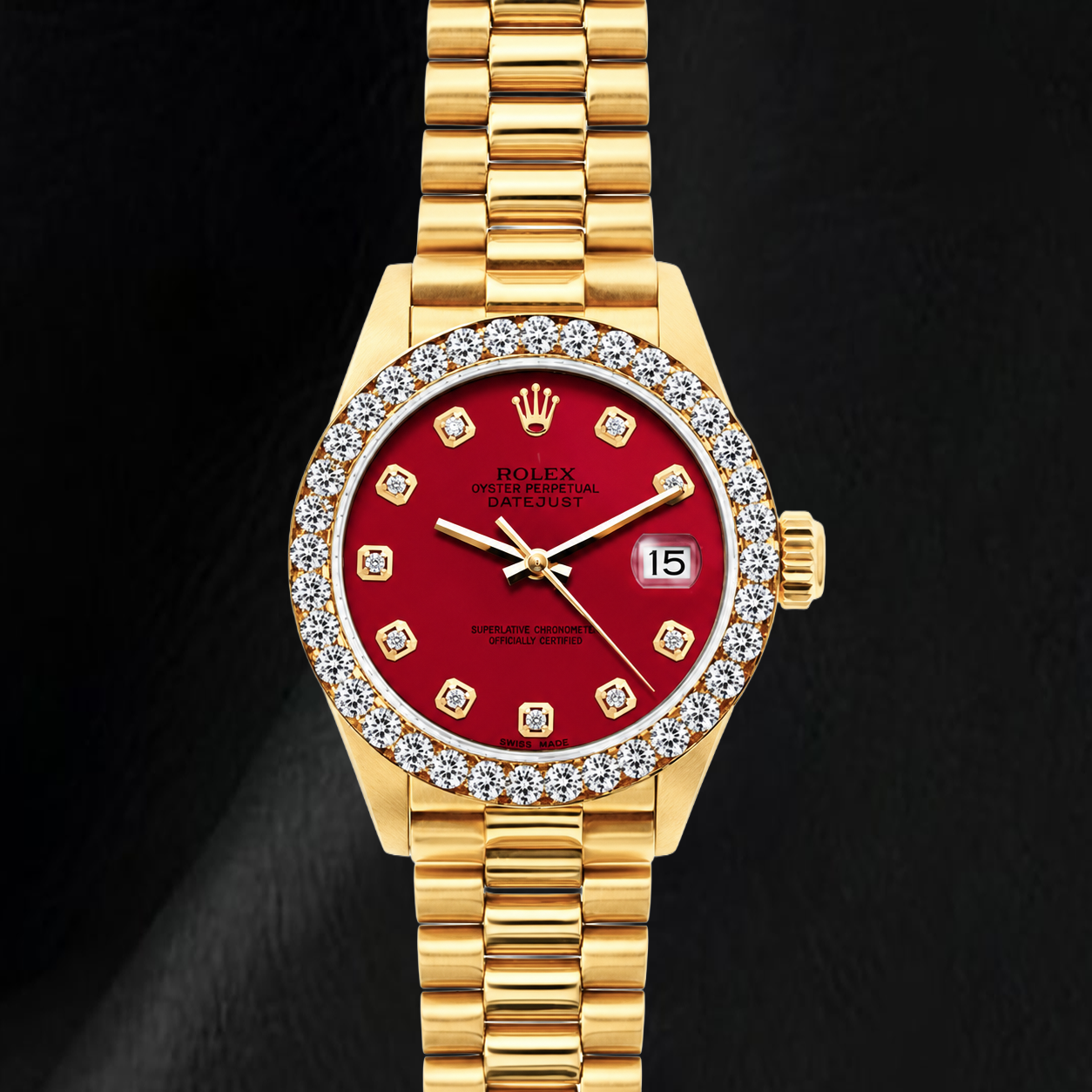 Montre Rolex Datejust 69178 26 mm Cadran Diamants Rouge Or Jaune Bracelet President 18 carats