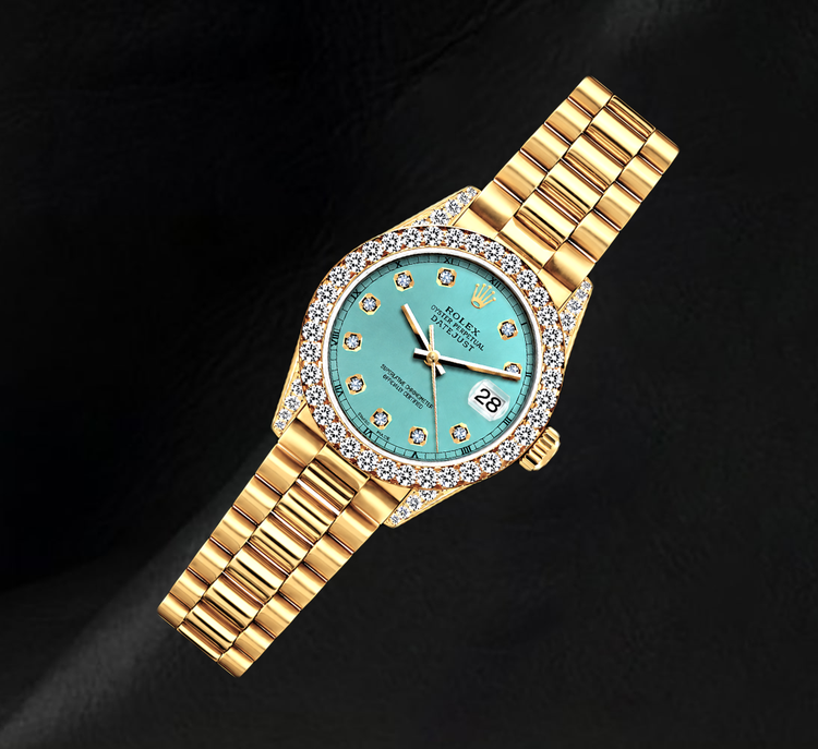 Montre Rolex Datejust 69178 26 mm Cadran Diamants Turquoise Bracelet President Or Jaune 18 Carats