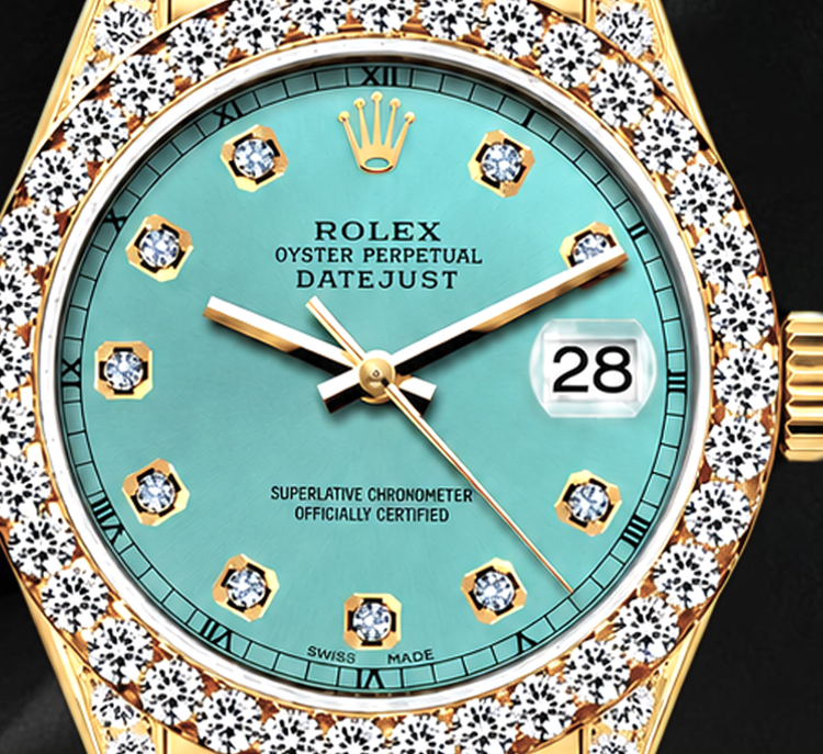 Montre Rolex Datejust 69178 26 mm Cadran Diamants Turquoise Bracelet President Or Jaune 18 Carats