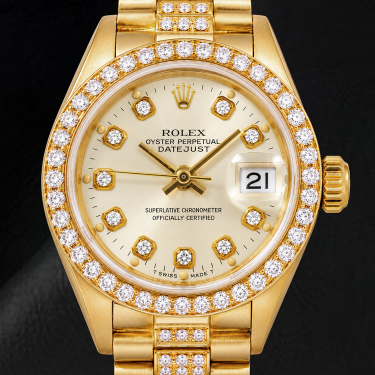 Montre Rolex Datejust 69178 26 mm en Or Jaune Cadran Blanc Diamants