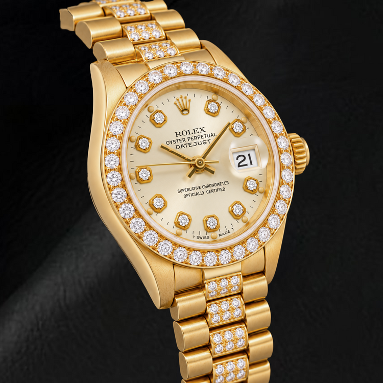 Montre Rolex Datejust 69178 26 mm en Or Jaune Cadran Blanc Diamants