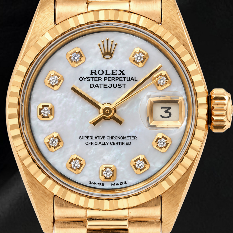 Montre Rolex Datejust 69178 26 mm Cadran Diamants en Nacre Blanche Or Jaune Bracelet President