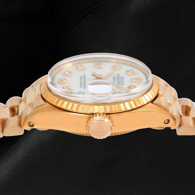 Montre Rolex Datejust 69178 26 mm Cadran Diamants en Nacre Blanche Or Jaune Bracelet President