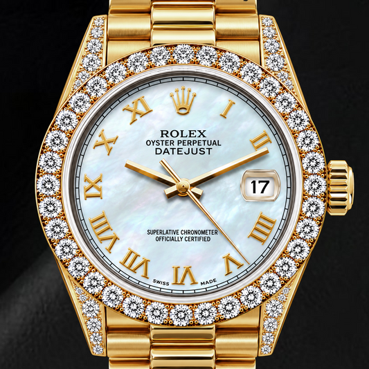 Montre Rolex Datejust 69178 26 mm en Or Jaune Cadran Nacre Blanche Chiffres Romains