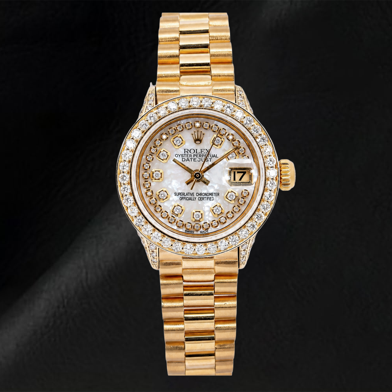 Montre Rolex Datejust 69178 26 mm Cadran Diamants Nacre Blanche avec Filet de Diamants Bracelet President en Or Jaune