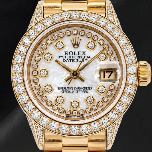Montre Rolex Datejust 69178 26 mm Cadran Diamants Nacre Blanche avec Filet de Diamants Bracelet President en Or Jaune