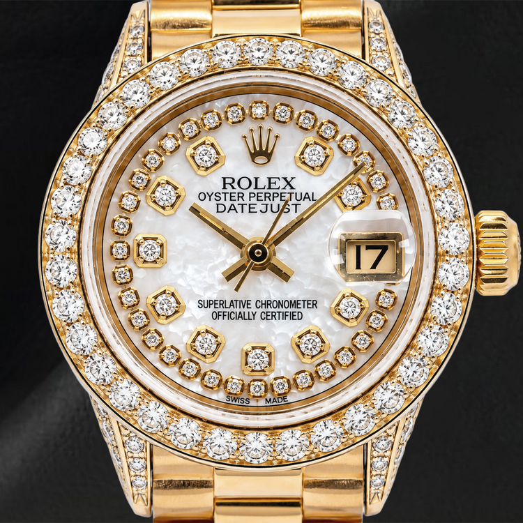 Montre Rolex Datejust 69178 26 mm Cadran Diamants Nacre Blanche avec Filet de Diamants Bracelet President en Or Jaune