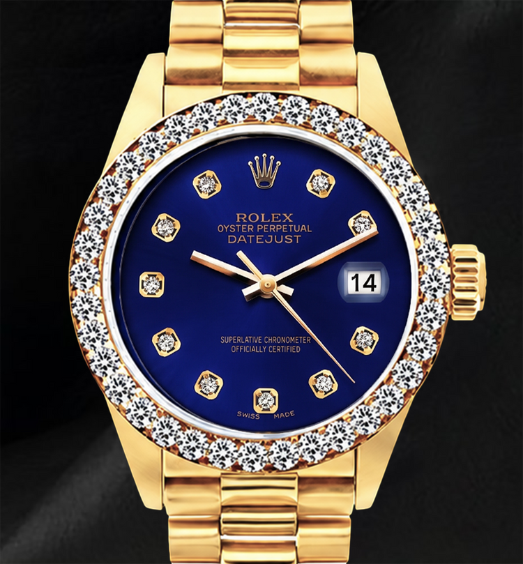 Montre Rolex Datejust 69178 en Or 18 Carats Cadran Diamants Bleu 26 mm Bracelet President