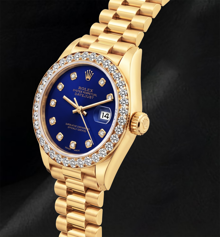 Rolex Datejust 69178 Montre en Or 18K Cadran Diamants Bleu 26 mm Bracelet President