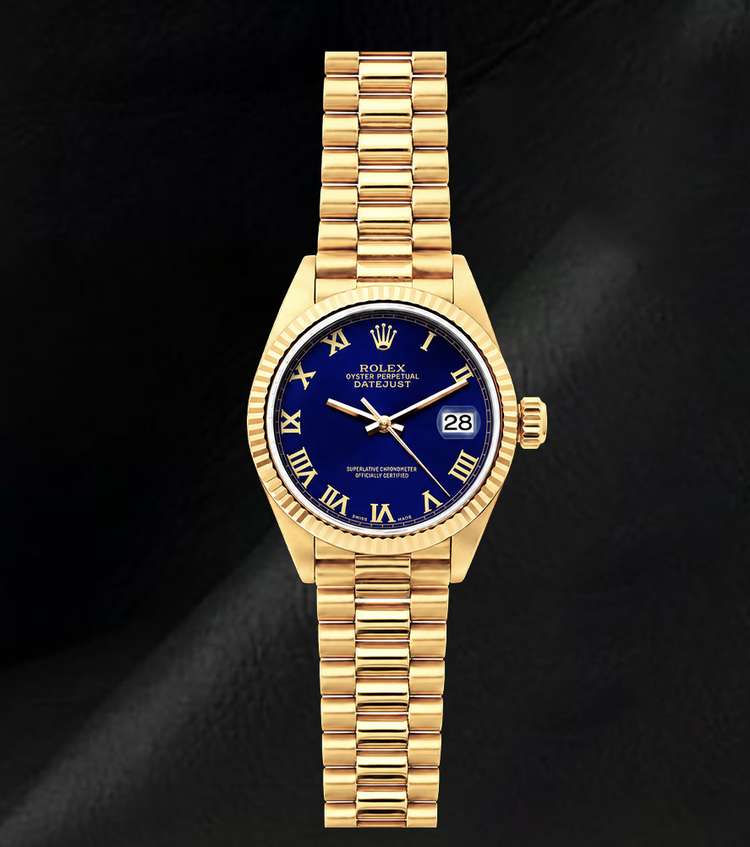 Montre Rolex Datejust 69178 en Or Jaune 18 carats Cadran Bleu à Chiffres Romains Bracelet President