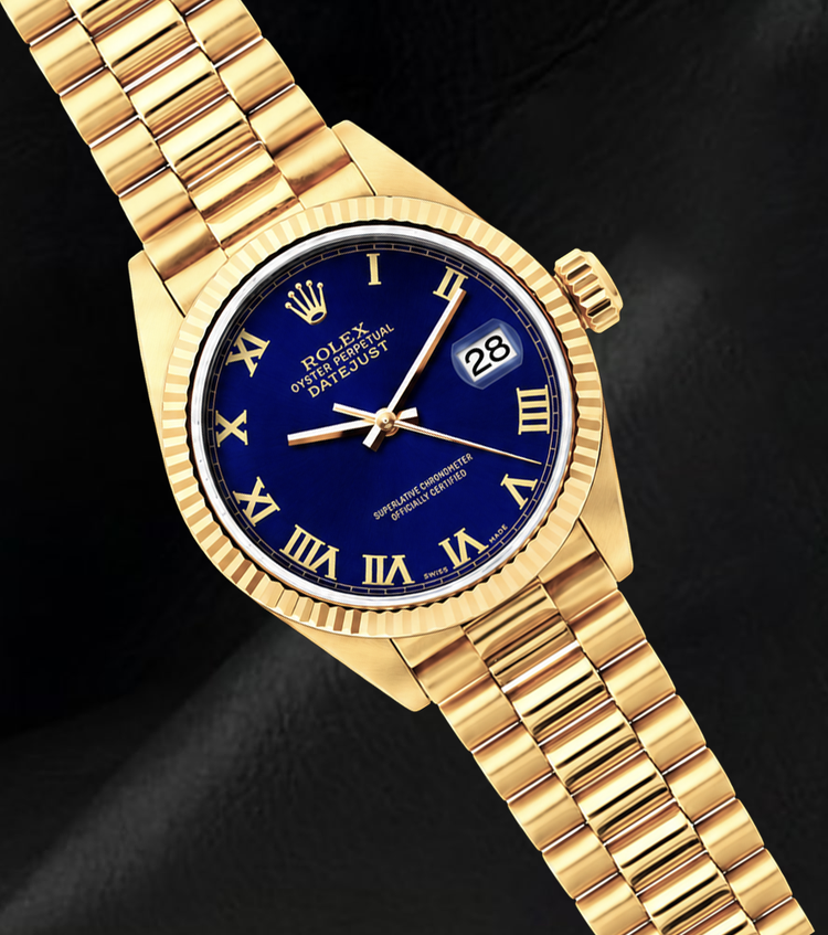 Montre Rolex Datejust 69178 en Or Jaune 18 carats Cadran Bleu à Chiffres Romains Bracelet President