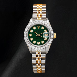 Montre Rolex Datejust 6917 26 mm Cadran Diamants Vert Acier Inoxydable Lunette Diamants Bicolore