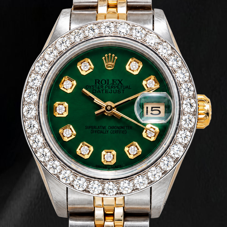 Montre Rolex Datejust 6917 26 mm Cadran Diamants Vert Acier Inoxydable Lunette Diamants Bicolore