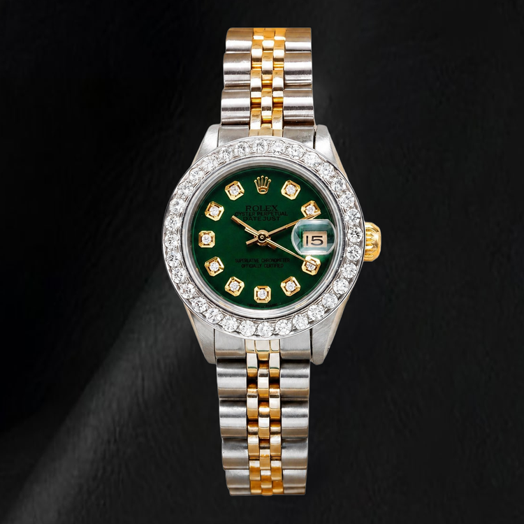Montre Rolex Datejust 6917 26 mm Cadran Diamants Vert Acier Inoxydable Lunette Diamants Bicolore