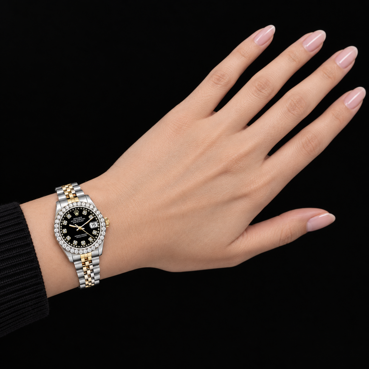 Montre Rolex Datejust 6917 Femme 26 mm Bicolore Cadran Diamants Noir en Filet
