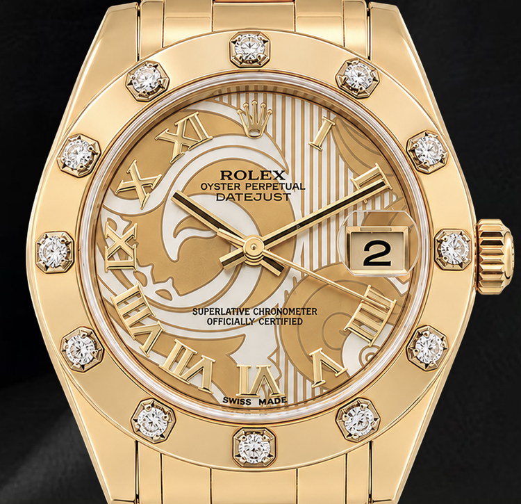 Rolex Datejust 81318 34 mm Montre en Or Jaune 18K Cadran Romain en Nacre Champagne