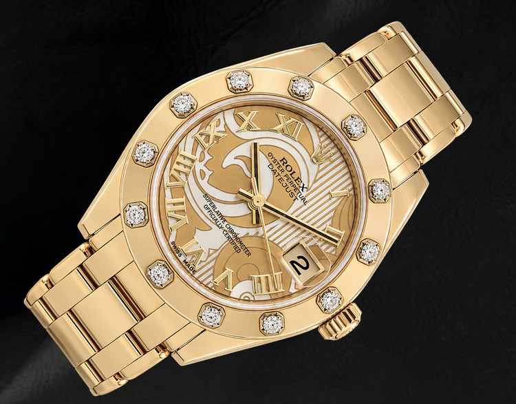 Rolex Datejust 81318 34 mm Montre en Or Jaune 18K Cadran Romain en Nacre Champagne
