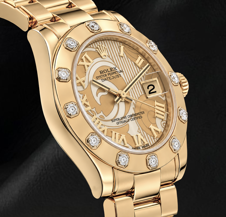 Rolex Datejust 81318 34 mm Montre en Or Jaune 18K Cadran Romain en Nacre Champagne