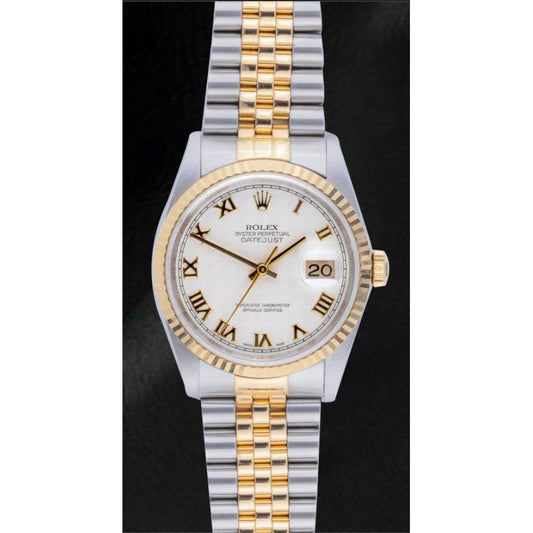 Rolex Datejust Année 2002 Cadran romain blanc 36 mm Montre bicolore