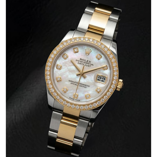 Rolex Datejust Année 2011 Cadran en nacre blanche et diamants Lunette sertie de diamants Montre bicolore 31 mm