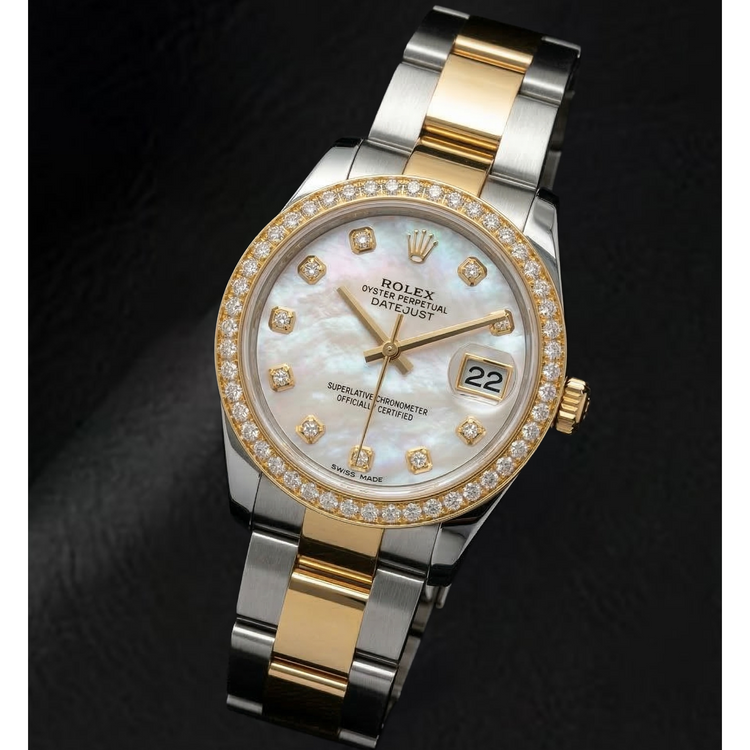 Rolex Datejust Année 2011 Cadran en nacre blanche et diamants Lunette sertie de diamants Montre bicolore 31 mm