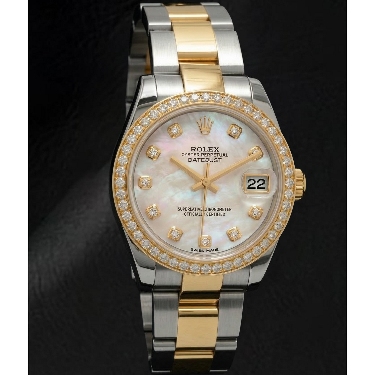 Rolex Datejust Année 2011 Cadran en nacre blanche et diamants Lunette sertie de diamants Montre bicolore 31 mm
