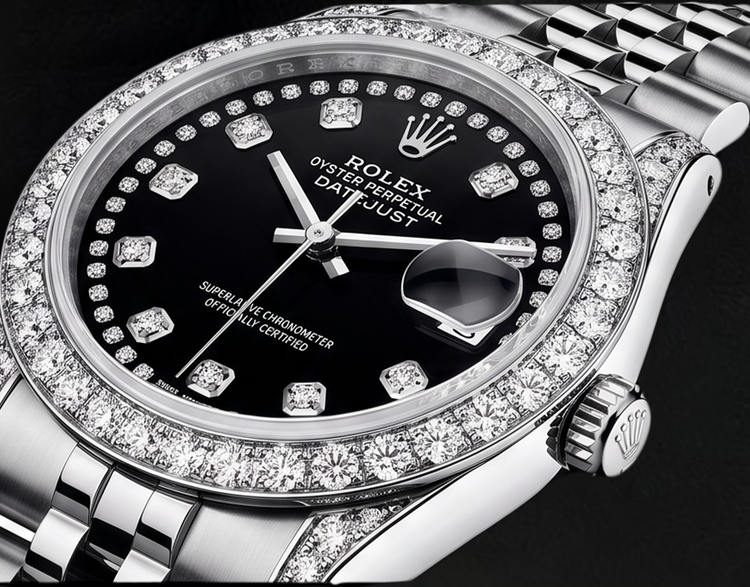 Montre Rolex Datejust 26 mm Acier Inoxydable 6916 Cadran Diamants Noir avec Filet de Diamants