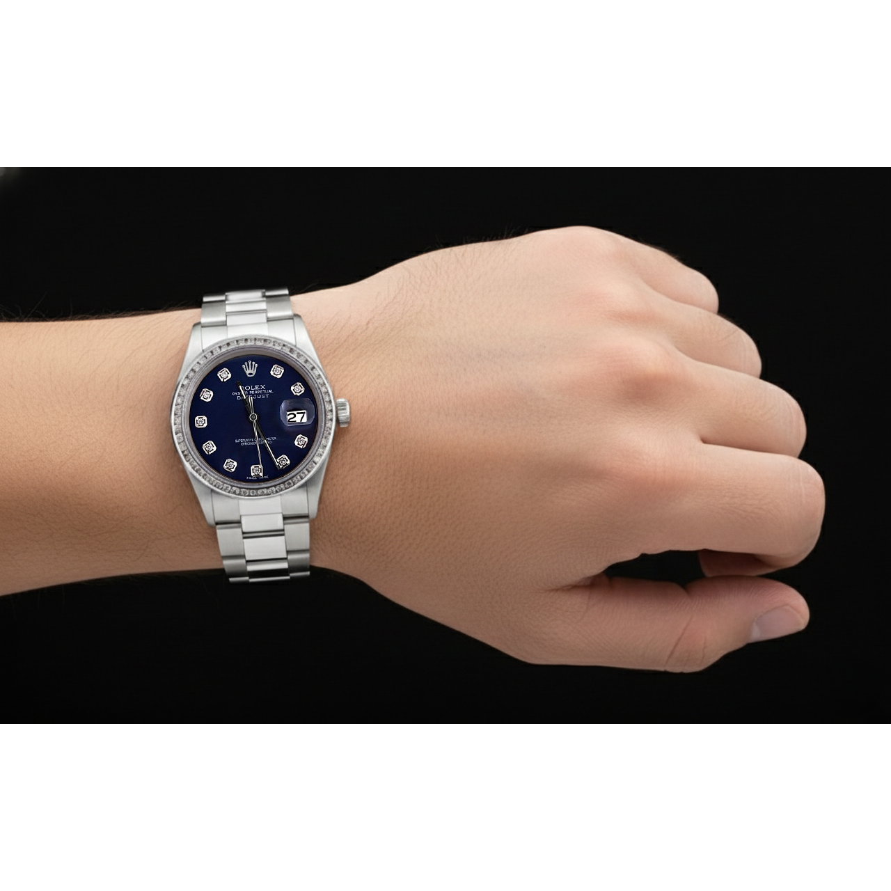 Rolex Datejust Montre Homme Cadran Diamant Bleu acier inoxydable Bracelet huître réglage rapide