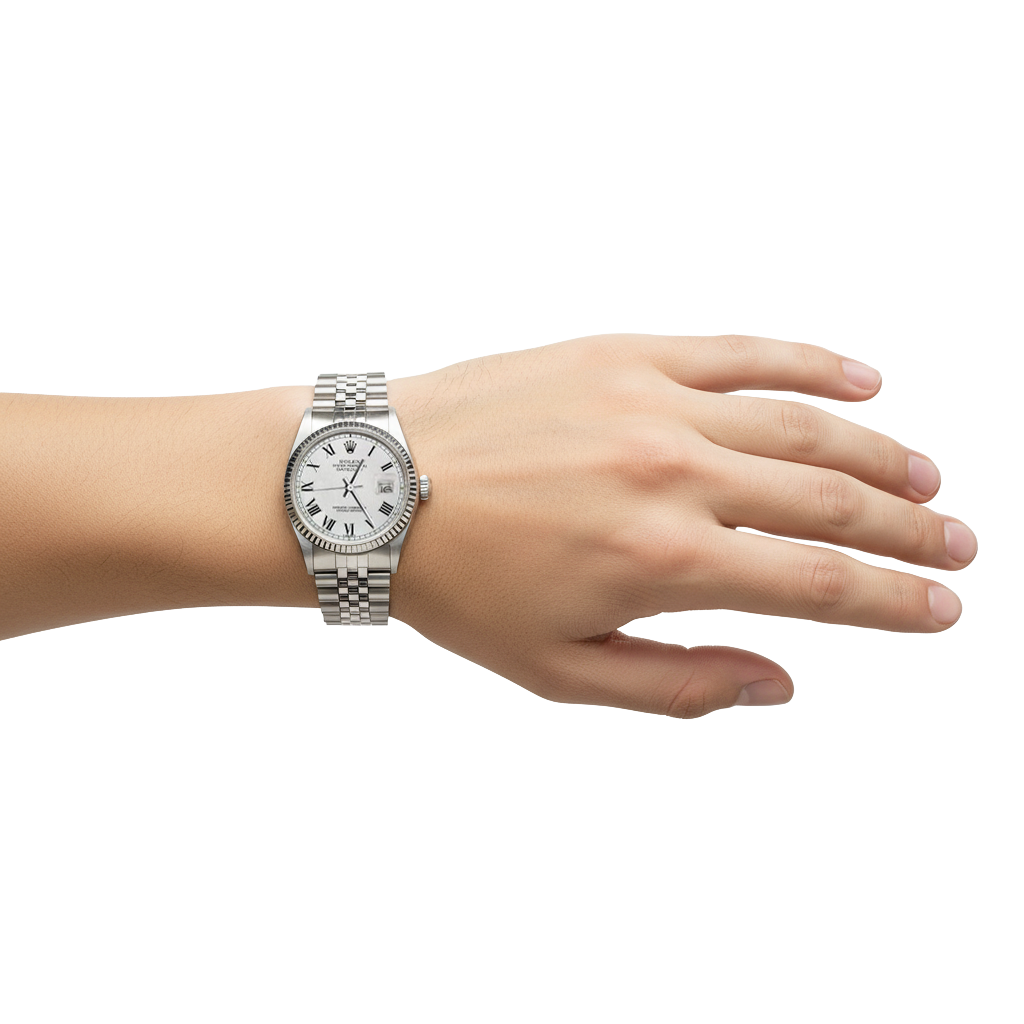 Rolex Datejust Montre Homme Cadran Romain Blanc Lunette Cannelée acier inoxydable Jubilé réglage rapide