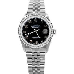 Rolex Datejust Montre Homme acier inoxydable Jubile Cadran Arabe Noir Lunette Diamant réglage rapide