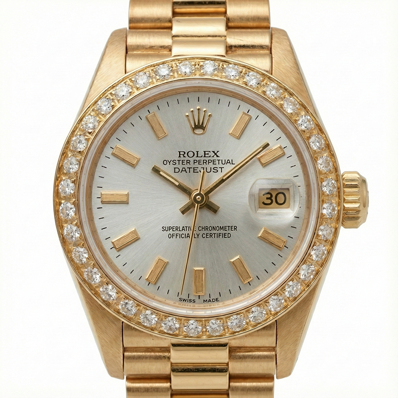 Rolex Datejust cadran bâton blanc regarder still président lunette diamant or