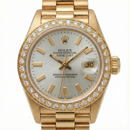 Rolex Datejust cadran bâton blanc regarder still président lunette diamant or