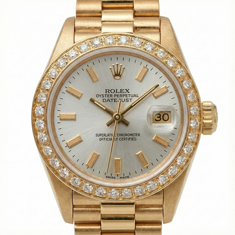 Rolex Datejust cadran bâton blanc regarder still président lunette diamant or