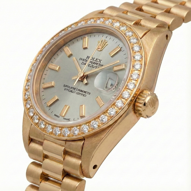 Rolex Datejust cadran bâton blanc regarder still président lunette diamant or