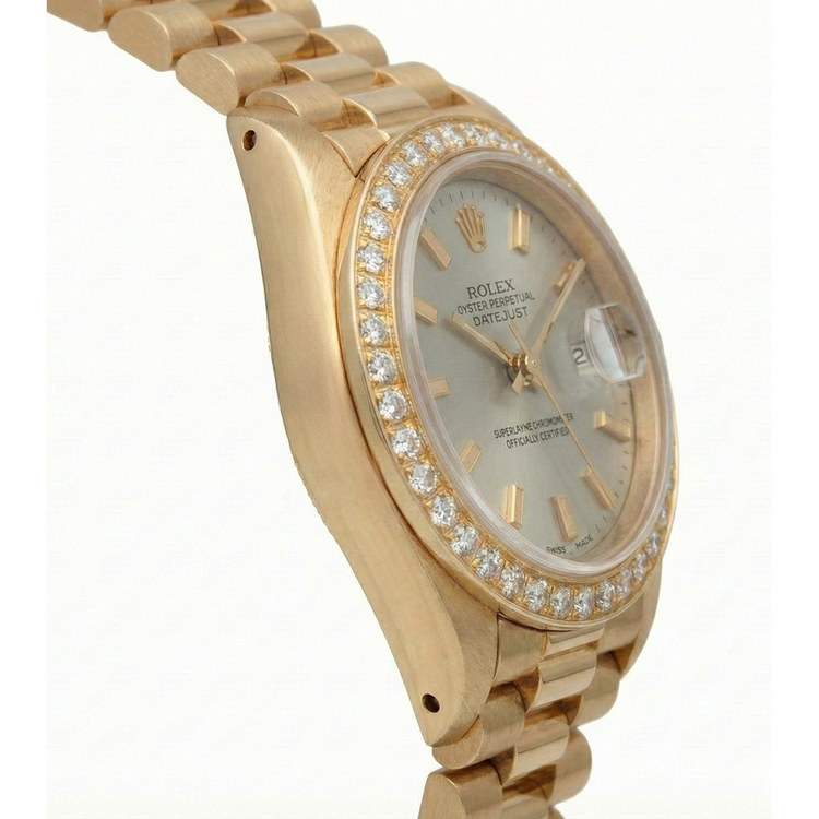 Rolex Datejust cadran bâton blanc regarder still président lunette diamant or