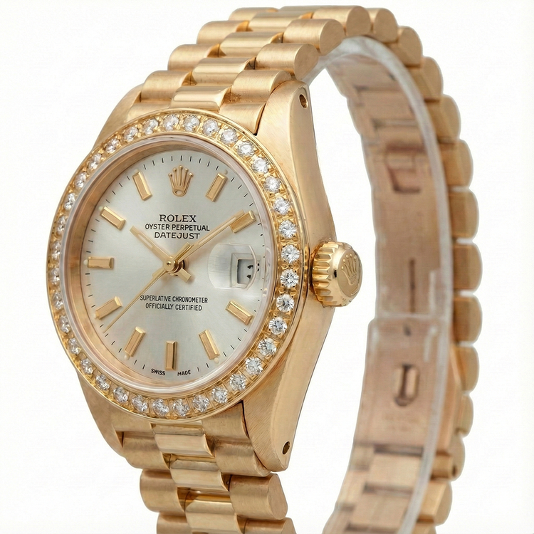 Rolex Datejust cadran bâton blanc regarder still président lunette diamant or