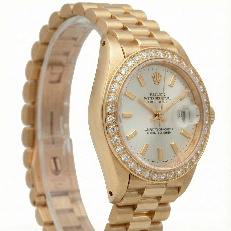 Rolex Datejust cadran bâton blanc regarder still président lunette diamant or