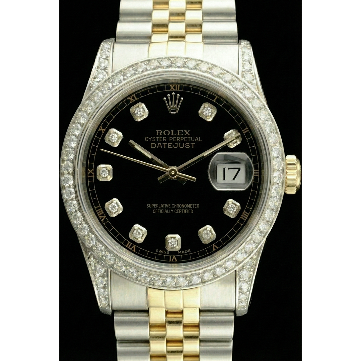 Rolex Datejust réglage rapide sans trous diamant lunette cadran noir acier inoxydable bracelet