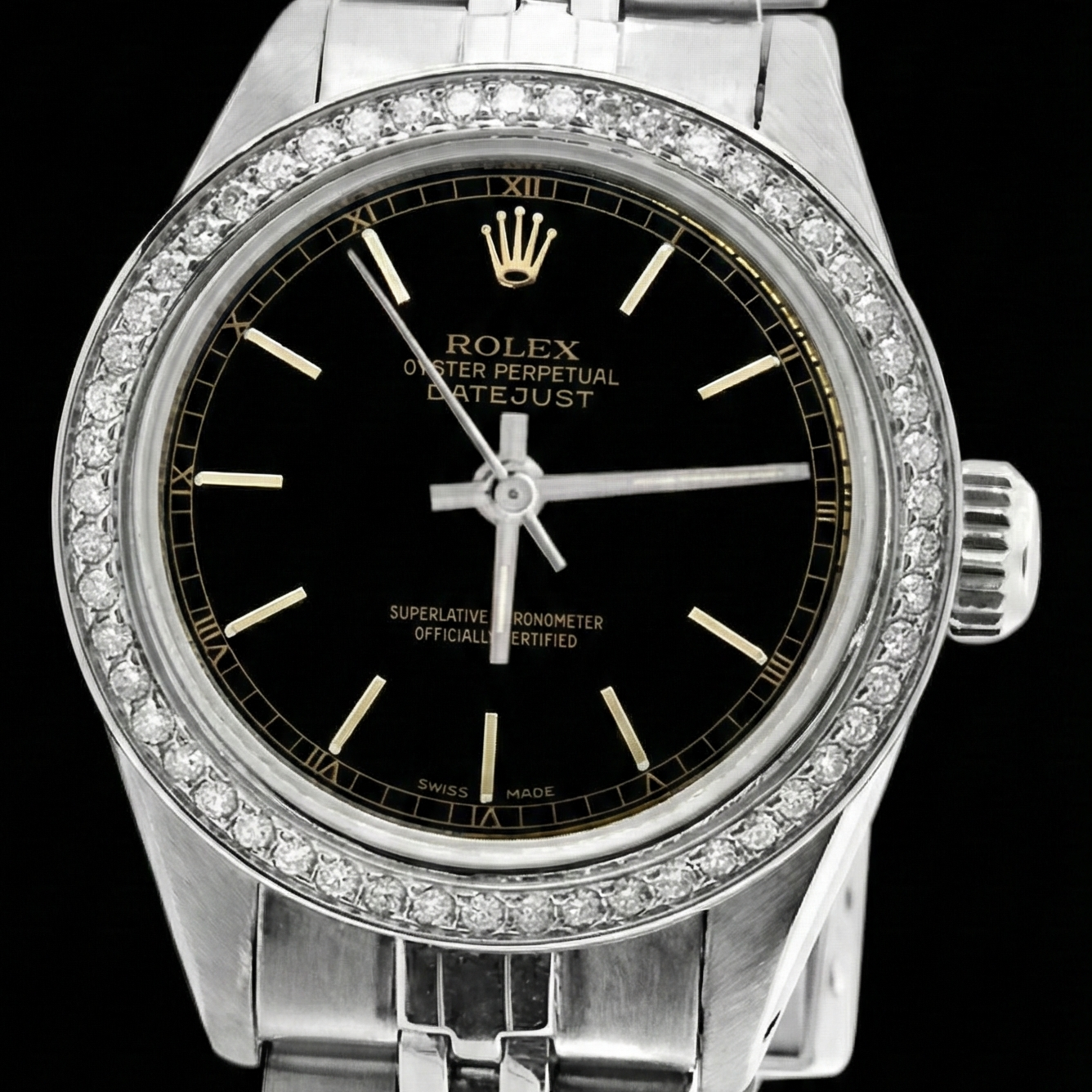 Rolex Datejust cadran bâton noir montre femme acier inoxydable bracelet jubilé