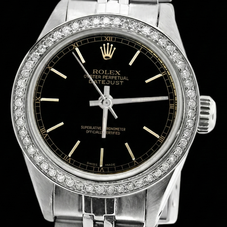 Rolex Datejust cadran bâton noir montre femme acier inoxydable bracelet jubilé