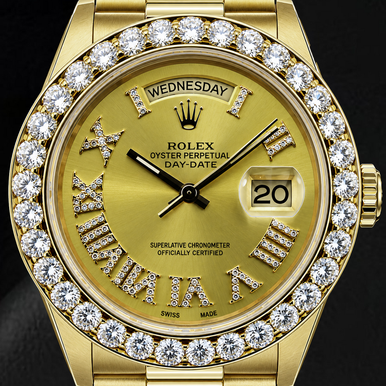 Montre Rolex Day-Date 18038 36 mm en Or Jaune Cadran Diamants Champagne Chiffres Romains