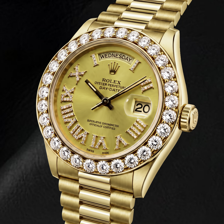 Montre Rolex Day-Date 18038 36 mm en Or Jaune Cadran Diamants Champagne Chiffres Romains