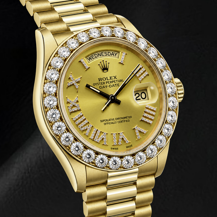 Montre Rolex Day-Date 18038 36 mm en Or Jaune Cadran Diamants Champagne Chiffres Romains