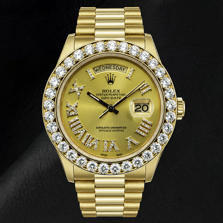 Montre Rolex Day-Date 18038 36 mm en Or Jaune Cadran Diamants Champagne Chiffres Romains