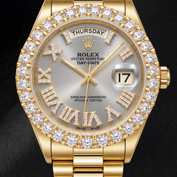 Montre Rolex Day-Date 18038 36 mm en Or Jaune Cadran Diamants Argenté Chiffres Romains
