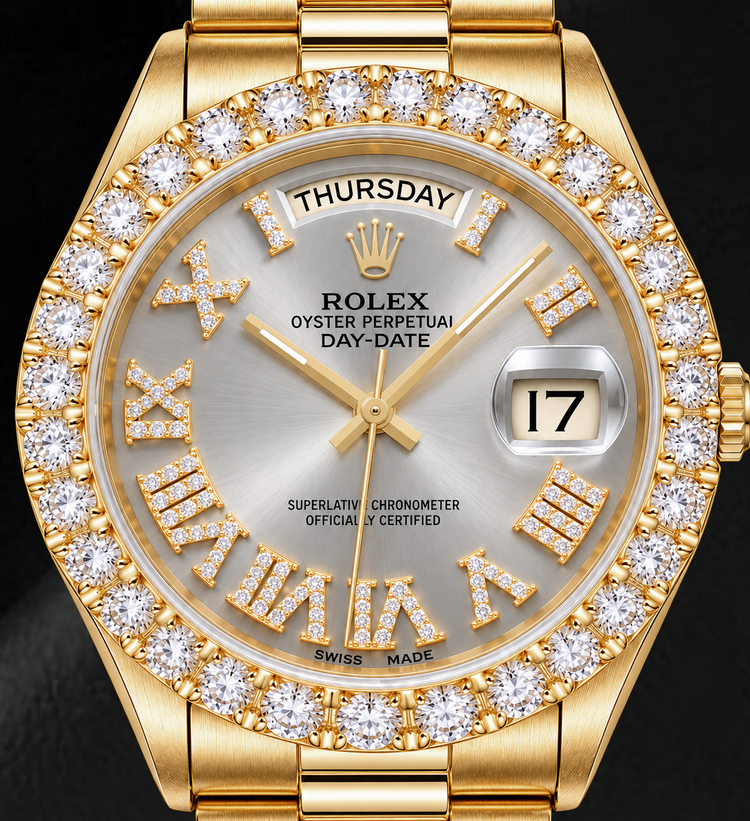 Montre Rolex Day-Date 18038 36 mm en Or Jaune Cadran Diamants Argenté Chiffres Romains