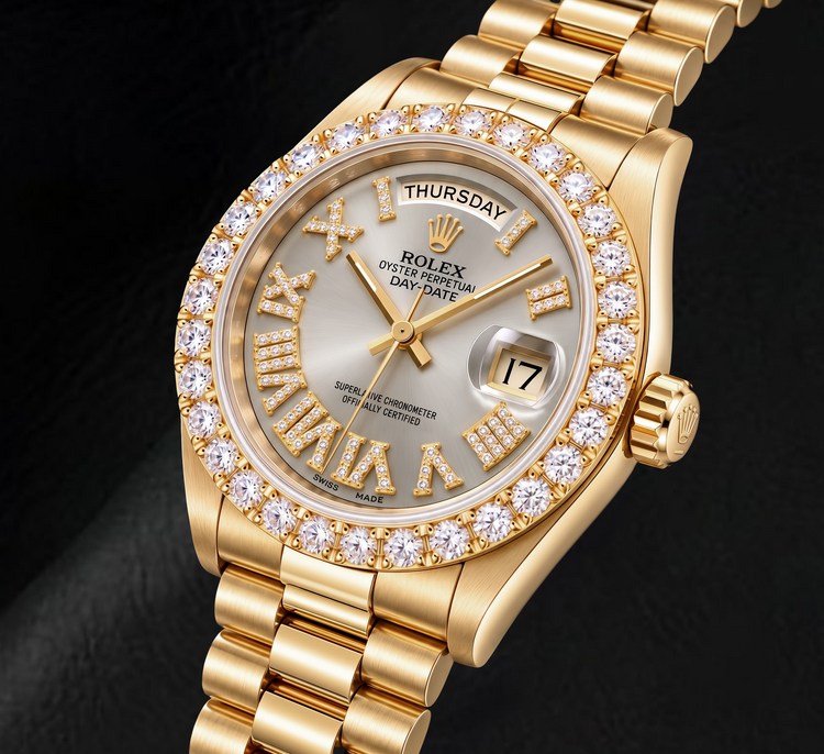 Montre Rolex Day-Date 18038 36 mm en Or Jaune Cadran Diamants Argenté Chiffres Romains