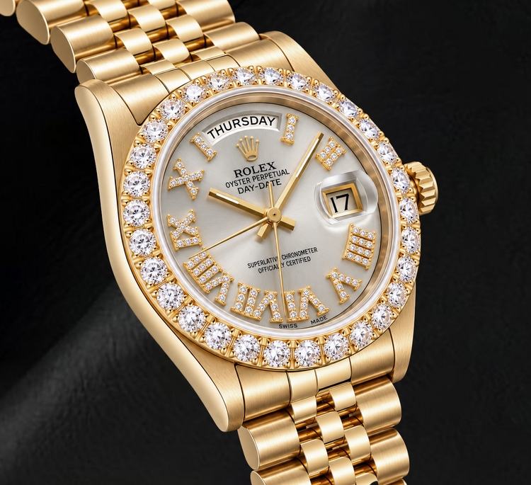 Montre Rolex Day-Date 18038 36 mm en Or Jaune Cadran Diamants Argenté Chiffres Romains