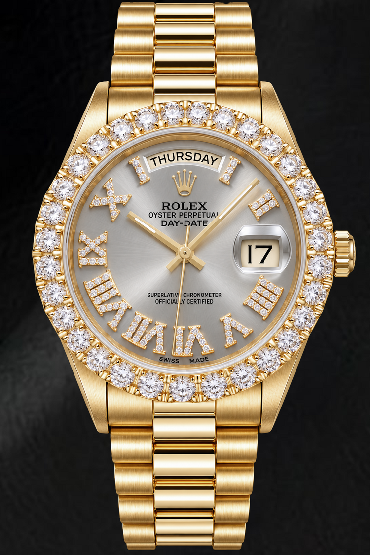 Montre Rolex Day-Date 18038 36 mm en Or Jaune Cadran Diamants Argenté Chiffres Romains